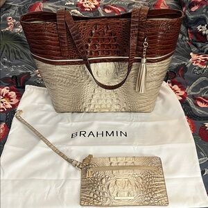 Brahmin Caye Collection Brown and Cream Croc-Embossed Tote